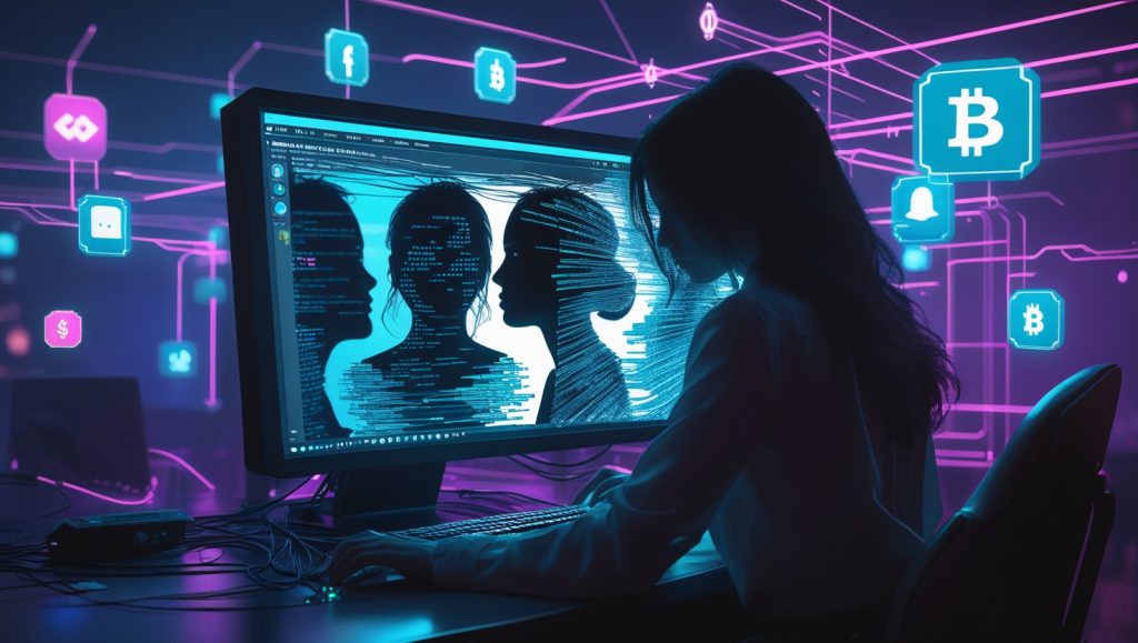Dark cyberpunk-themed digital scene showing a hacker using AI to manipulate a woman’s image, with holographic data streams, GAN code, and social media icons floating in the background—illustrating the misuse of AI nudification apps and the threat to privacy