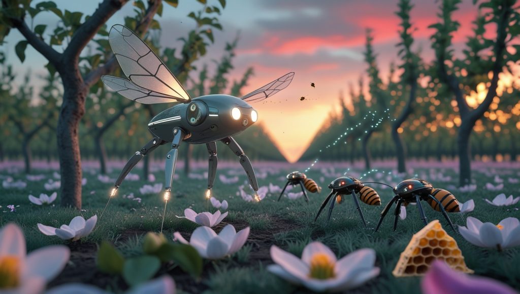 Robotic pollinators like drones and crawler bots pollinating flowers in an orchard, symbolizing the decline of natural pollinators and the rise of AI-driven solutions amid environmental collapse.