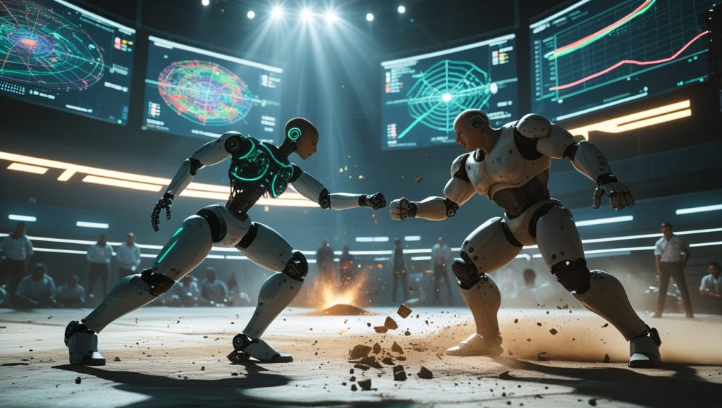 Humanoid robots battling in a high-tech combat arena with LiDAR sensors, IMU modules, and real-time AI analytics, showcasing adaptive robotics and real-world testing innovation