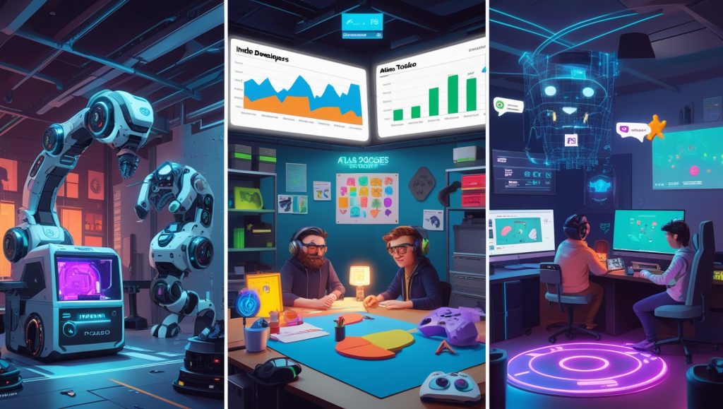 Futuristic AAA game development scene showing modular tools, micro-studios, and community-driven testing with AI-generated assets, indie-style teams, and players engaging via platforms like TikTok, Roblox, and VR