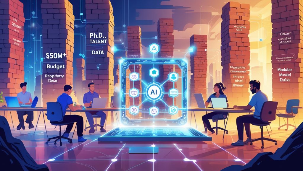 Illustration of diverse entrepreneurs accessing AI tools in a futuristic workspace, with crumbling walls labeled "High Cost" and "Ph.D. Talent" in the background. Glowing icons for cloud computing, open-source code, and neural networks represent AI cost democratization and increased access for startups and small businesses.