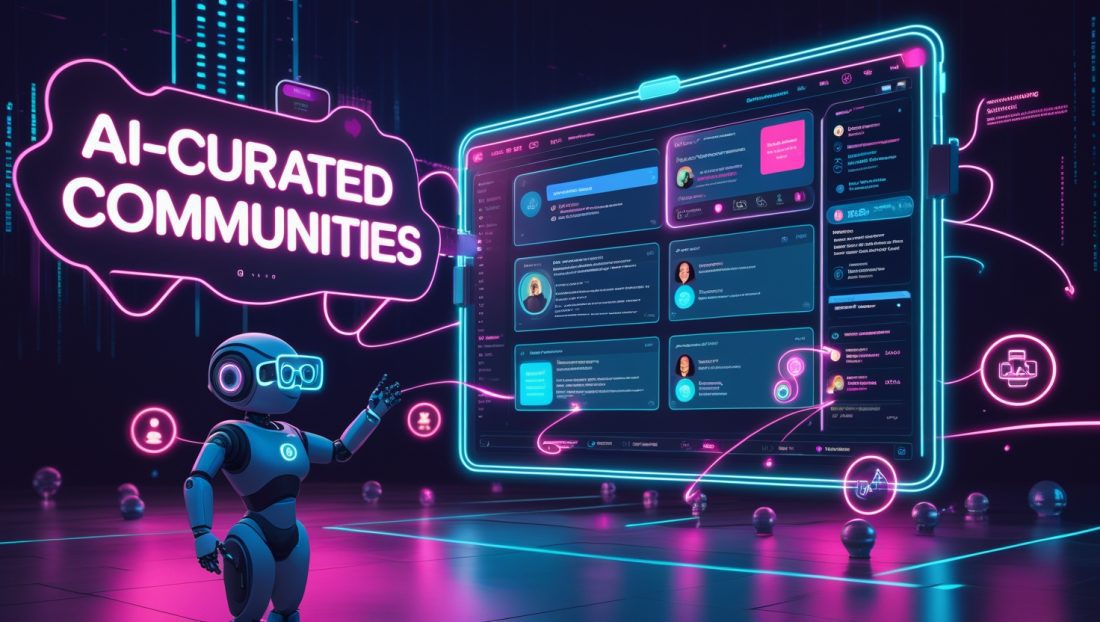 AI-Curated Communities visualized as a futuristic digital forum with glowing interfaces, AI-generated content summaries, and connected users, symbolizing smart online collaboration in 2025.