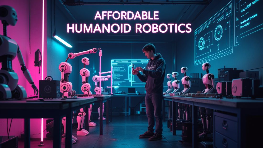Dark cyberpunk illustration of a neo‑pink and blue makerspace featuring affordable humanoid robots assembled from 3D‑printed parts and off‑the‑shelf components, with “Affordable Humanoid Robotics” in glowing text.