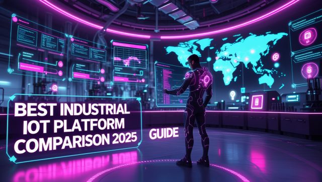 Dark cyberpunk illustration of a futuristic smart factory control room with neon pink and purple lights, showcasing holographic comparison charts and dashboards under the headline “Best Industrial IoT Platform Comparison 2025 Guide.