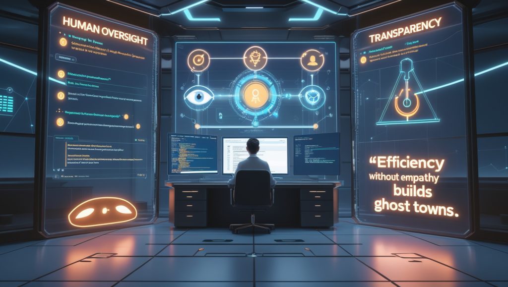 Futuristic AI ethics control room with human moderator reviewing AI-generated content, transparency logs showing recommendation reasons, and bias audit interface ensuring ethical oversight in digital platforms