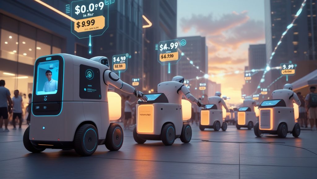 Futuristic delivery robots with biometric, temperature-controlled compartments handling pharmacy prescriptions, dynamic AI pricing displays, and a coordinated swarm of bots navigating a crowded city festival like SXSW.