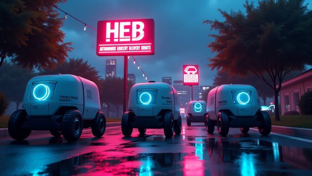 Autonomous grocery delivery robots from H-E-B delivering chilled groceries in Austin neighborhood at night, illuminated by blue LED lights and neon signage in a futuristic 2025 setting