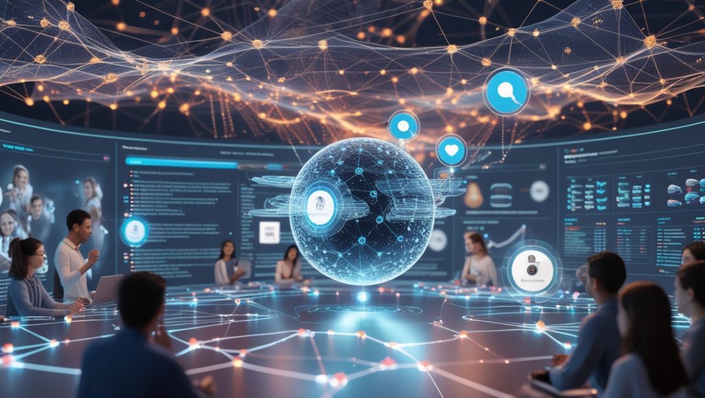 Futuristic AI-curated online community with neural networks analyzing user discussions, generating photography lens comparison guides, and matching users by interests through collaborative filtering and NLP