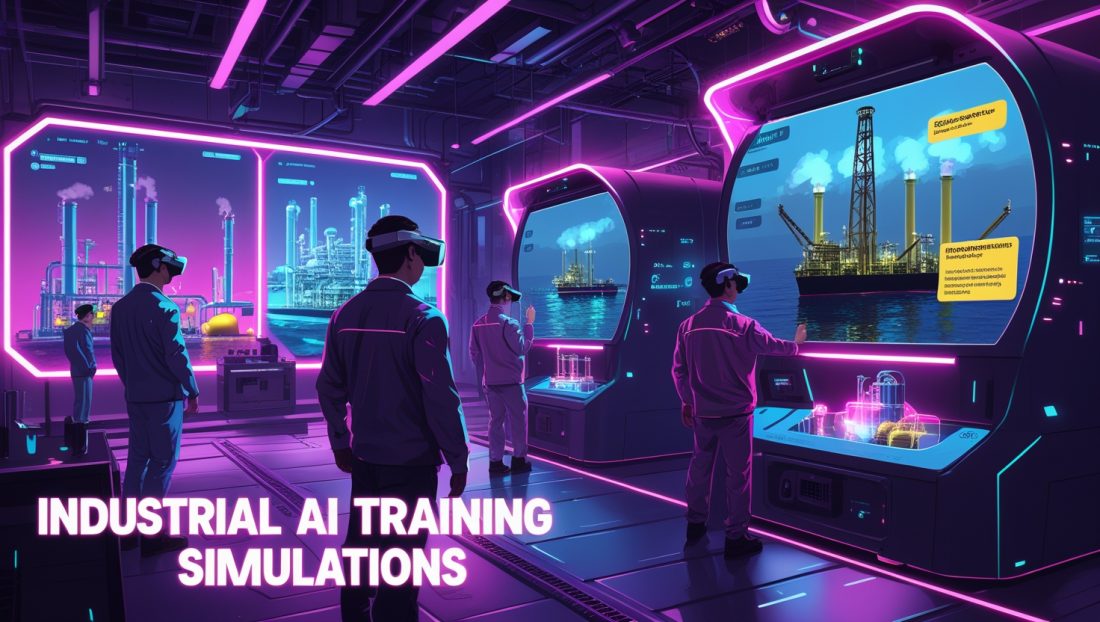 Neon cyberpunk illustration of an Industrial AI Training Simulations lab with holographic refinery drills, AR-equipped engineers, and floating AI disclosure labels in pink and purple lighting.