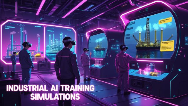 Neon cyberpunk illustration of an Industrial AI Training Simulations lab with holographic refinery drills, AR-equipped engineers, and floating AI disclosure labels in pink and purple lighting.