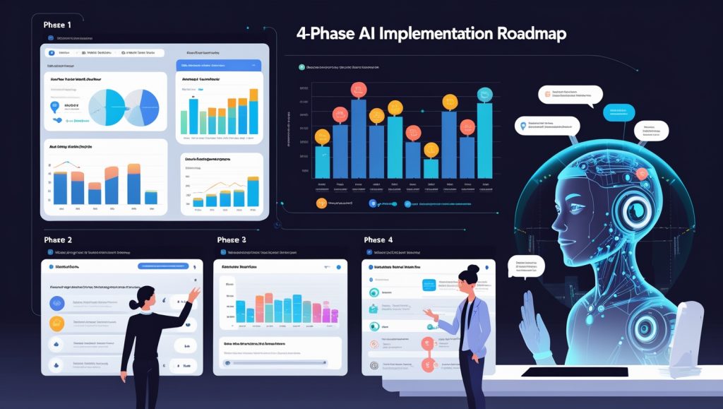 Futuristic AI implementation roadmap showing four phases: user pain point analysis, AI module pilot testing with engagement metrics, ethical scaling with human review, and community co-creation with feedback and webinars