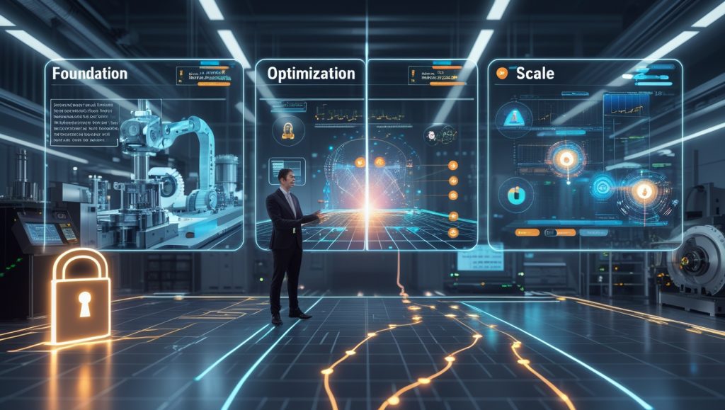Futuristic industrial control room showing AI implementation phases with digital twins, autonomous machines, reinforcement learning simulations, and secure local data servers for scalable factory automation