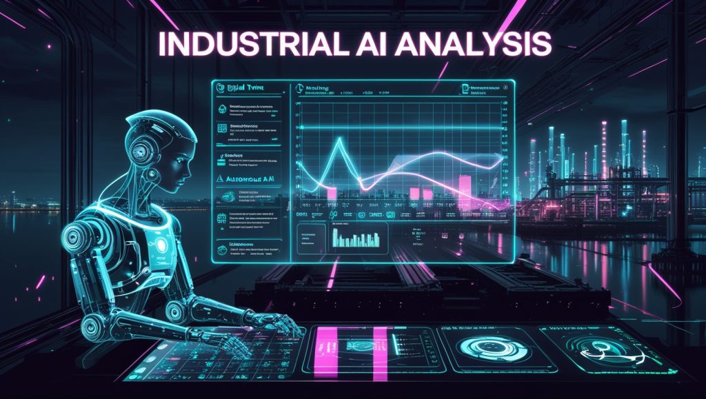 Illustration of Industrial AI analysis and robotics transformation in 2025 featuring holographic data dashboards, AI-powered machinery, and futuristic factory systems with neon blue and pink lighting