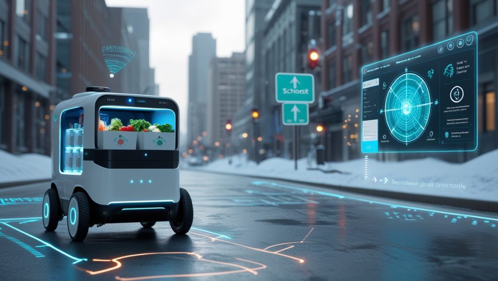 Autonomous grocery delivery robot navigating icy urban sidewalks using AI-powered load orchestration, LiDAR mapping, and real-time traffic and inventory data for optimized, compliant delivery routes