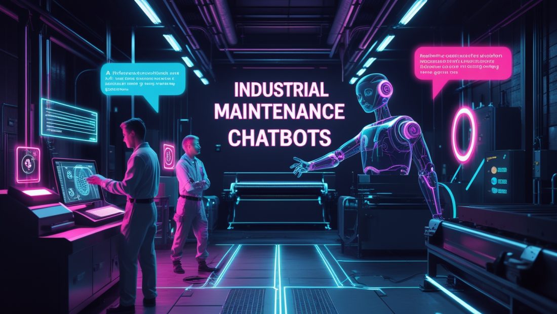 Cyberpunk-style digital illustration of a futuristic factory in 2025, glowing with neon pink and dark tones. A holographic chatbot labeled “Industrial Maintenance Chatbots” assists a technician by analyzing real-time sensor data from machinery. Augmented reality overlays show vibration, thermal, and acoustic diagnostics, highlighting advanced AI-powered predictive maintenance and autonomous repair systems on a smart factory floor.