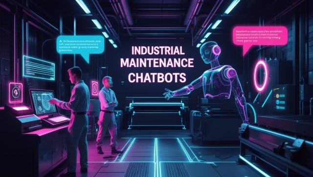 Cyberpunk-style digital illustration of a futuristic factory in 2025, glowing with neon pink and dark tones. A holographic chatbot labeled “Industrial Maintenance Chatbots” assists a technician by analyzing real-time sensor data from machinery. Augmented reality overlays show vibration, thermal, and acoustic diagnostics, highlighting advanced AI-powered predictive maintenance and autonomous repair systems on a smart factory floor.
