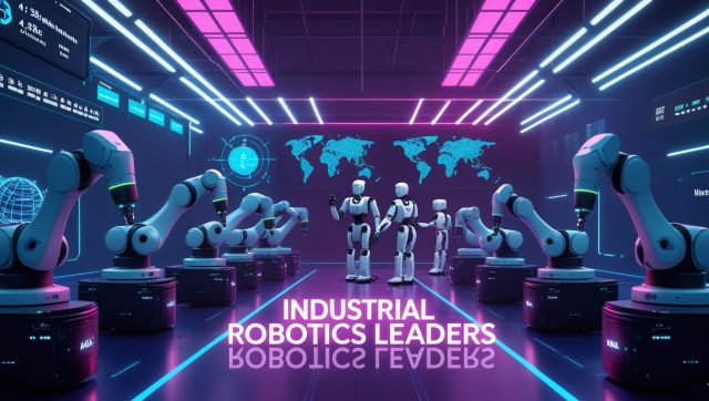 Dark cyberpunk digital art of a smart factory featuring industrial robotics leaders from ABB, FANUC, Yaskawa, KUKA, and Universal Robots under neon pink and blue lights, with holographic AI dashboards and a humanoid co-bot collaborating with a technician.