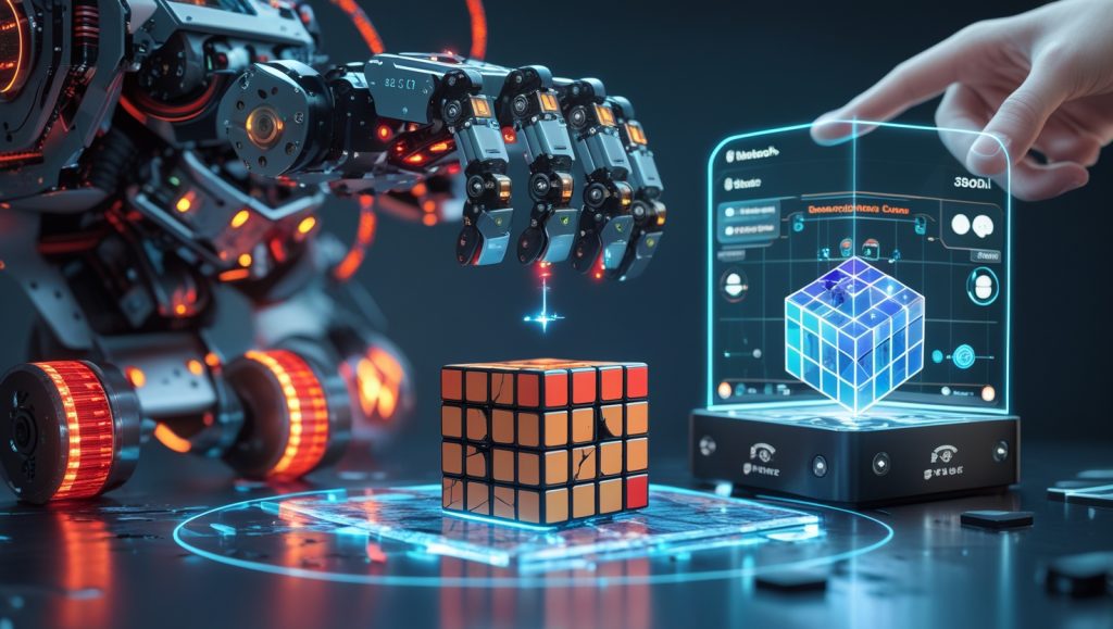 High-tech robotic arm solving Rubik’s Cube with six synchronized motors, FPGA controllers, Peltier cooling plates, and Bluetooth-enabled GAN 356i Smart Cube showing real-time human-machine interaction and precise motor coordination