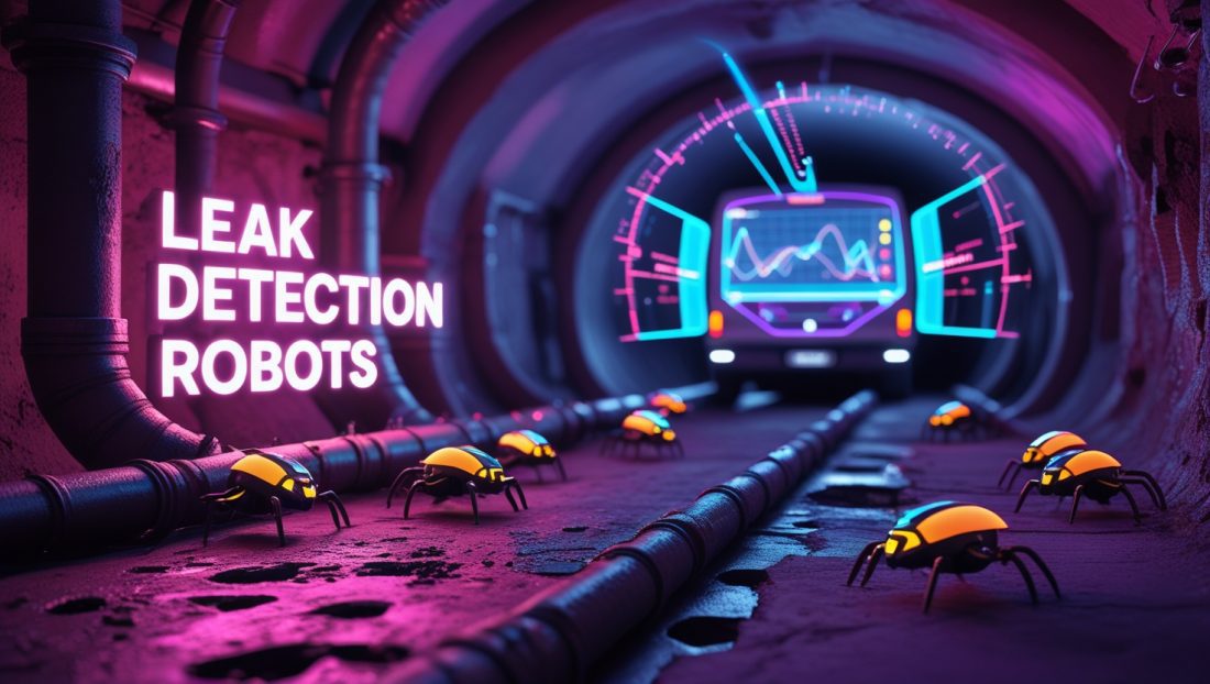 Dark cyberpunk digital illustration of neon-pink leak detection robots inspecting underground water pipes, showing holographic acoustic overlays and a control van monitoring a digital twin, highlighting non-destructive water infrastructure repair technology.