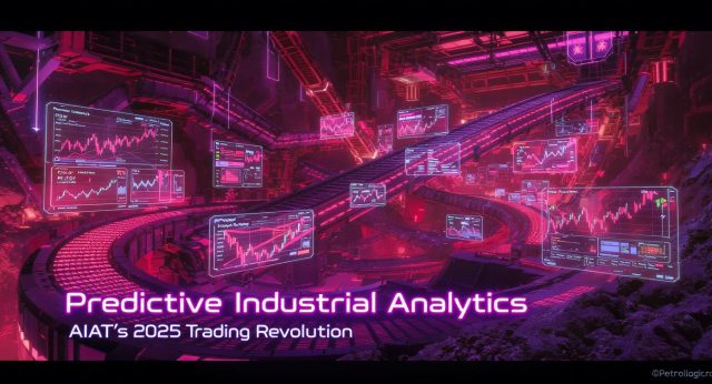 Dark cyberpunk illustration showing neon-pink conveyors and AR financial dashboards in a mining control center, with holographic trading graphs linked to equipment sensors—highlighting AIAT’s predictive industrial analytics revolution.