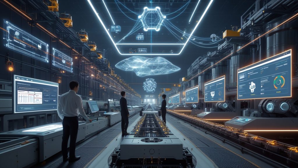 Futuristic AI-powered factory with robotic arms, holographic dashboards, and generative design systems optimizing workflows, energy use, and production lines in a dark autonomous manufacturing facility