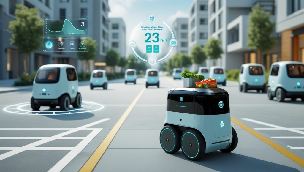 Autonomous grocery delivery robot arriving at a modern home, showcasing H-E-B’s fast 23-minute delivery, 99.8% order accuracy, and low CO2 emissions with electric, AI-powered logistics.