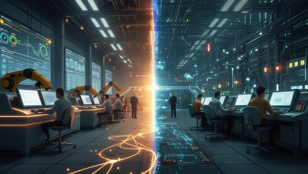Futuristic split-screen of two industrial control rooms showing AI-powered automation and outdated manual systems, highlighting the productivity gap and urgency of industrial AI adoption in 2025.