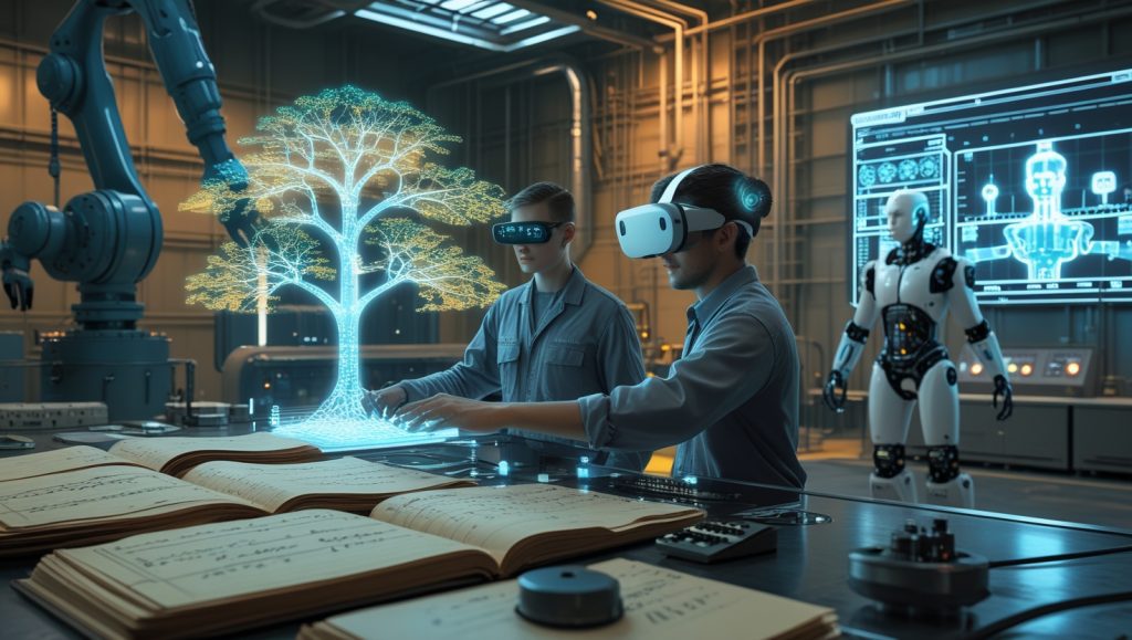AI-powered system converting handwritten maintenance logs into digital decision trees in an advanced industrial control room, with a technician using AR headsets, exoskeleton-assisted workers handling equipment, and digital twin simulations enhancing training efficiency