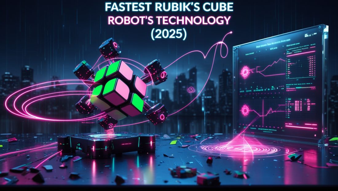 Illustration of the Fastest Rubik's Cube Robot solving a cube in 0.103 seconds with glowing robotic arms, high-speed sensors, neon-lit lab, and digital timing data, symbolizing advanced robotics and precision engineering in 2025.