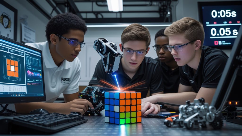 Engineering students at Purdue University developing the fastest Rubik's Cube solving robot with advanced motion control, computer vision, and mechanical design in a high-tech robotics lab.