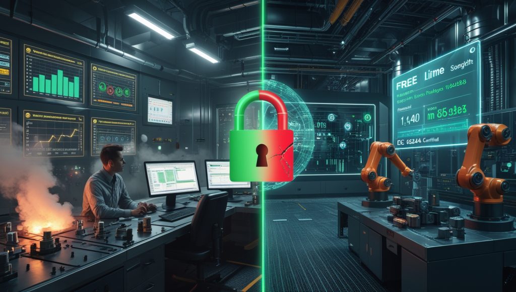 Split-screen illustration of industrial IoT systems showing the contrast between a free platform with limited device capacity, outdated data, and security vulnerabilities, versus a paid, scalable IoT solution with real-time monitoring, secure access, and efficient device orchestration in a high-speed manufacturing environment.