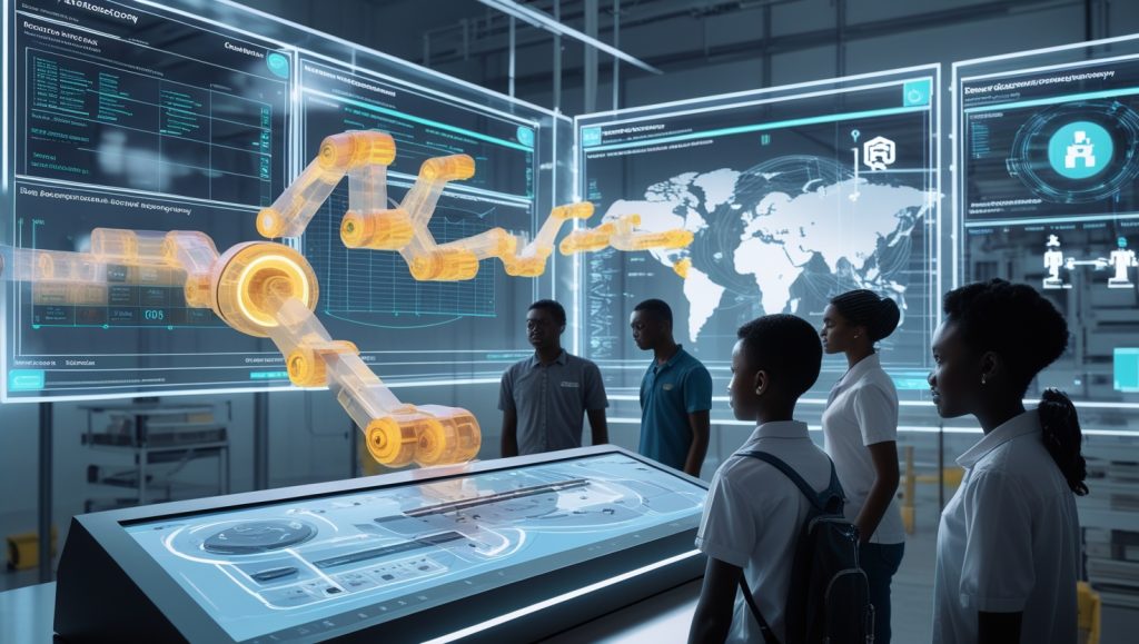 AI-powered microfactory in Nairobi using Steam disclosure logs for transparent production simulations, showcasing ethical automation and trust in high-stakes AI systems.