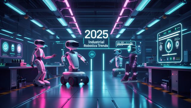 Cyberpunk digital illustration of a futuristic factory floor with neon-pink lighting, showcasing autonomous mobile robots and collaborative arms under holographic dashboards, titled “2025 Industrial Robotics Trends.