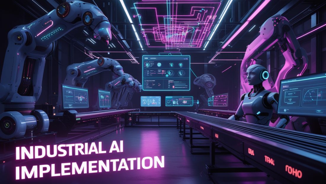 Cyberpunk industrial control room illustration with neon pink and purple lights, showing AI-powered robots and holographic dashboards under the title “Industrial AI Implementation,” highlighting advanced factory automation.