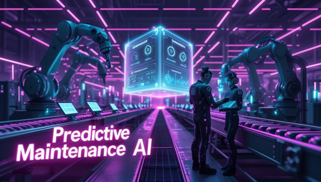 Dark cyberpunk digital illustration of a factory with neon pink and purple lighting, showing holographic vibration and thermal sensor overlays on machines with “Predictive Maintenance AI” text, highlighting AI-driven failure prediction in manufacturing.