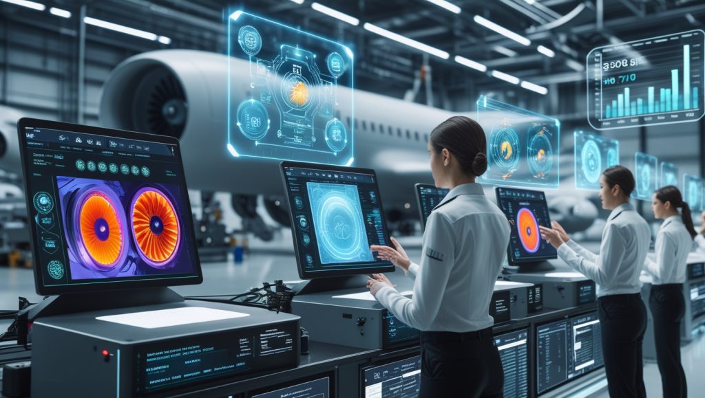 Futuristic industrial control center with human supervisors managing AI agents analyzing thermal scans, automating procurement with blockchain, and monitoring environmental regulations in real-time, showcasing workforce evolution with AI orchestration.