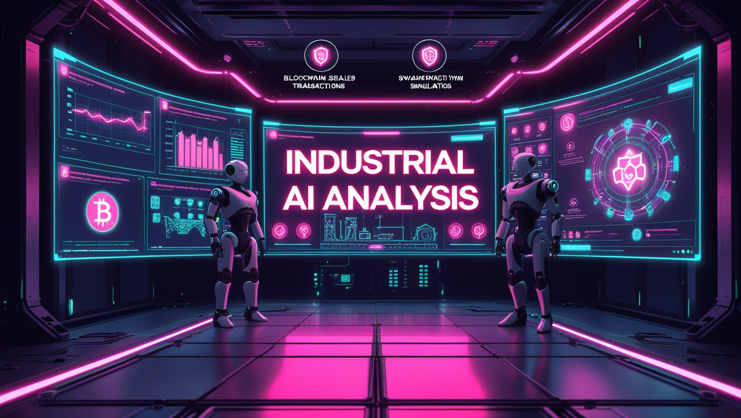 Cyberpunk-style digital artwork featuring the glowing text “Industrial AI Analysis” in neon pink. The scene includes humanoid robots, holographic dashboards displaying machine data, IoT sensor maps, predictive analytics, and blockchain alerts—illustrating advanced industrial AI systems in a futuristic control room.