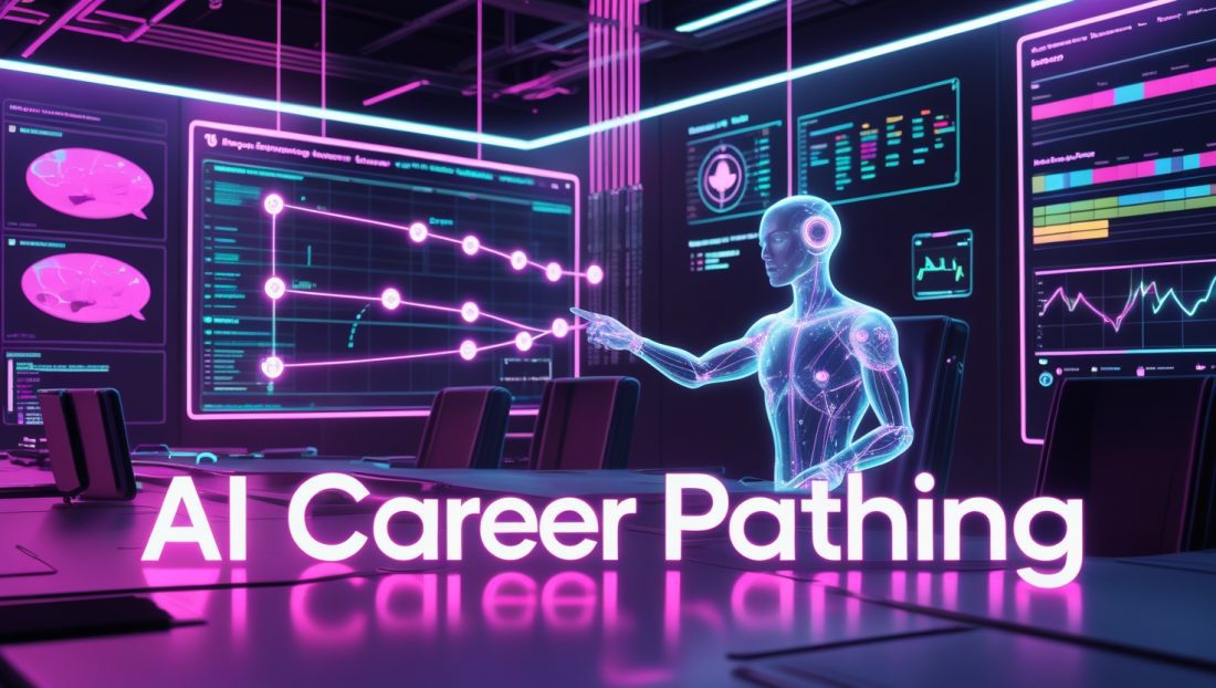 Dark cyberpunk illustration of an AI Career Pathing system, featuring neon‑pink holographic career maps, employee avatars connected by glowing lines, and AR dashboards displaying skills analytics in a futuristic corporate setting.