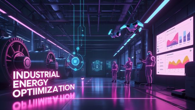 Cyberpunk-style digital illustration of industrial energy optimization in a futuristic factory, showing neon-lit smart plugs, AI dashboards, and IoT sensors tracking electricity use to reduce phantom loads and optimize power efficiency.