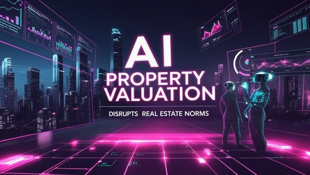 Cyberpunk-style digital art featuring glowing text "AI Property Valuation – Disrupts Real Estate Norms," with futuristic holograms, real-time housing data, and a neon-lit city, symbolizing AI’s transformative role in modern real estate valuation.
