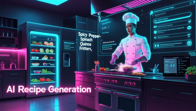 Cyberpunk-style digital illustration depicting AI recipe generation in a futuristic kitchen, with neon pink lighting, robotic arms preparing food, and holographic interfaces creating personalized recipes from leftover ingredients using advanced foodtech algorithms.