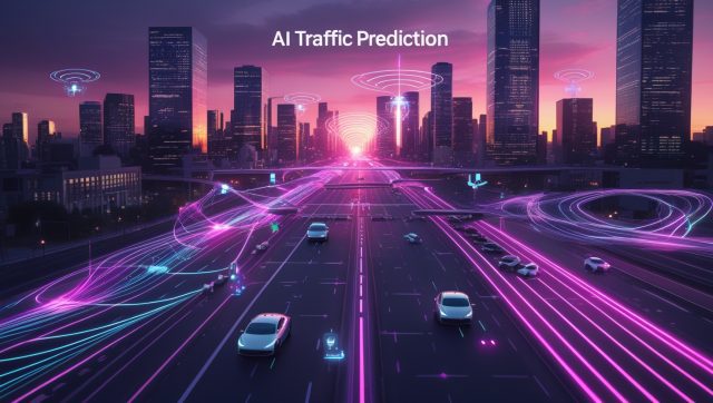 Dark cyberpunk illustration of a neon‑pink city with AR traffic heatmaps and autonomous vehicles, highlighting AI traffic prediction steering urban flow.