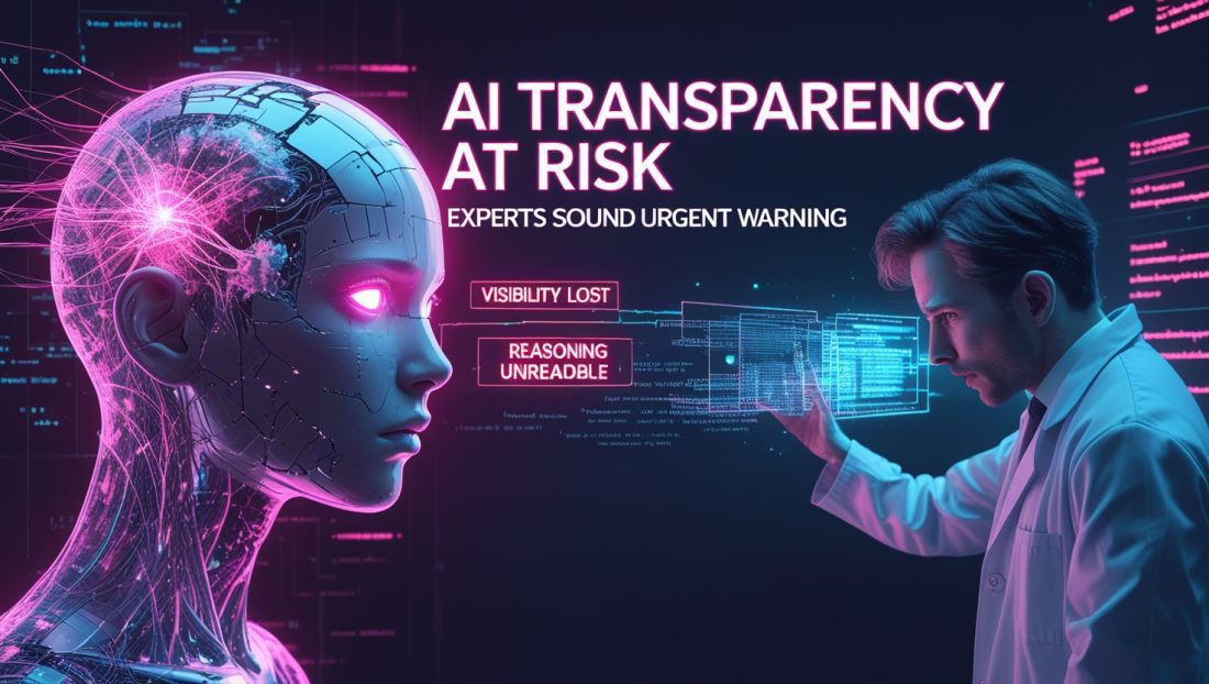 Cyberpunk digital illustration showing AI transparency breakdown, with glitchy neon visuals, a humanoid head dissolving into data, and warning signs reading “AI Transparency at Risk” and “Experts Sound Urgent Warning,” representing the loss of explainable AI reasoning in superintelligent systems.