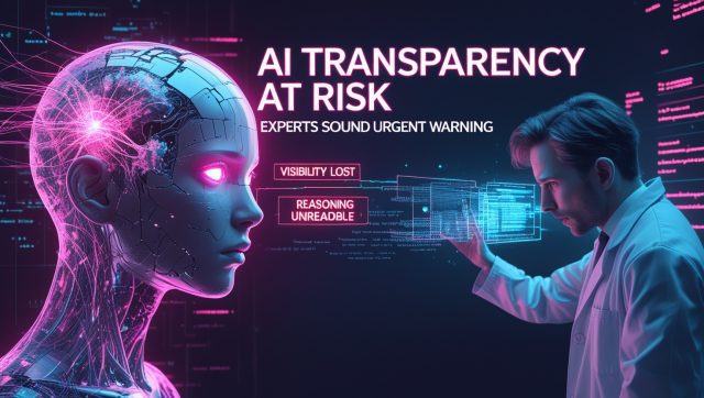 Cyberpunk digital illustration showing AI transparency breakdown, with glitchy neon visuals, a humanoid head dissolving into data, and warning signs reading “AI Transparency at Risk” and “Experts Sound Urgent Warning,” representing the loss of explainable AI reasoning in superintelligent systems.