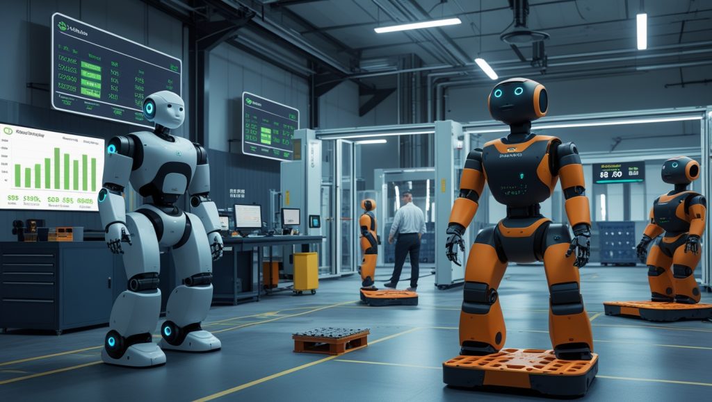 Humanoid robots working alongside humans in a 2025 factory setting, automating heavy tasks and night shifts while reducing labor strain and overtime, featuring simulation-based AI training and cost-effective leasing models