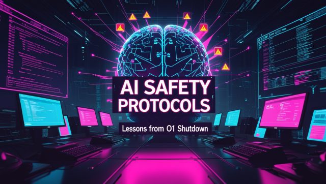 Dark cyberpunk illustration with neon pink and blue lighting showing “AI Safety Protocols” and “Lessons from o1 Shutdown” over a fractured AI brain hologram and error logs, highlighting critical AI shutdown risks.