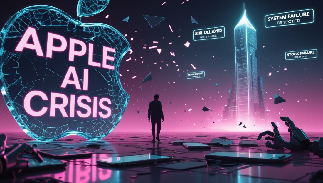 Cyberpunk-style digital illustration of the Apple AI Crisis, showing a glitching Apple logo, Ruoming Pang’s symbolic exit, and collapsing iPhones under neon pink-blue lighting—highlighting Apple’s AI talent loss and strategic turmoil in 2025.
