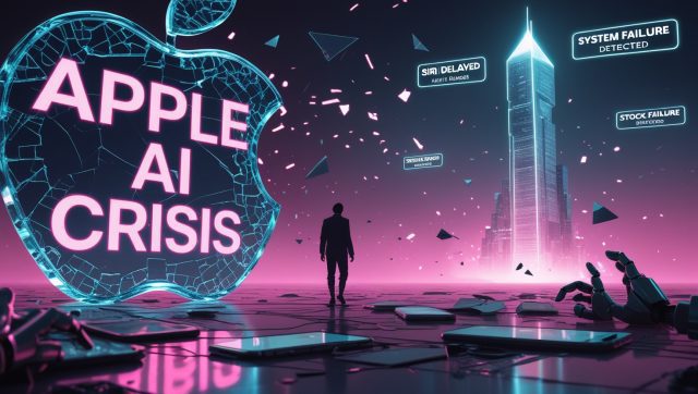 Cyberpunk-style digital illustration of the Apple AI Crisis, showing a glitching Apple logo, Ruoming Pang’s symbolic exit, and collapsing iPhones under neon pink-blue lighting—highlighting Apple’s AI talent loss and strategic turmoil in 2025.
