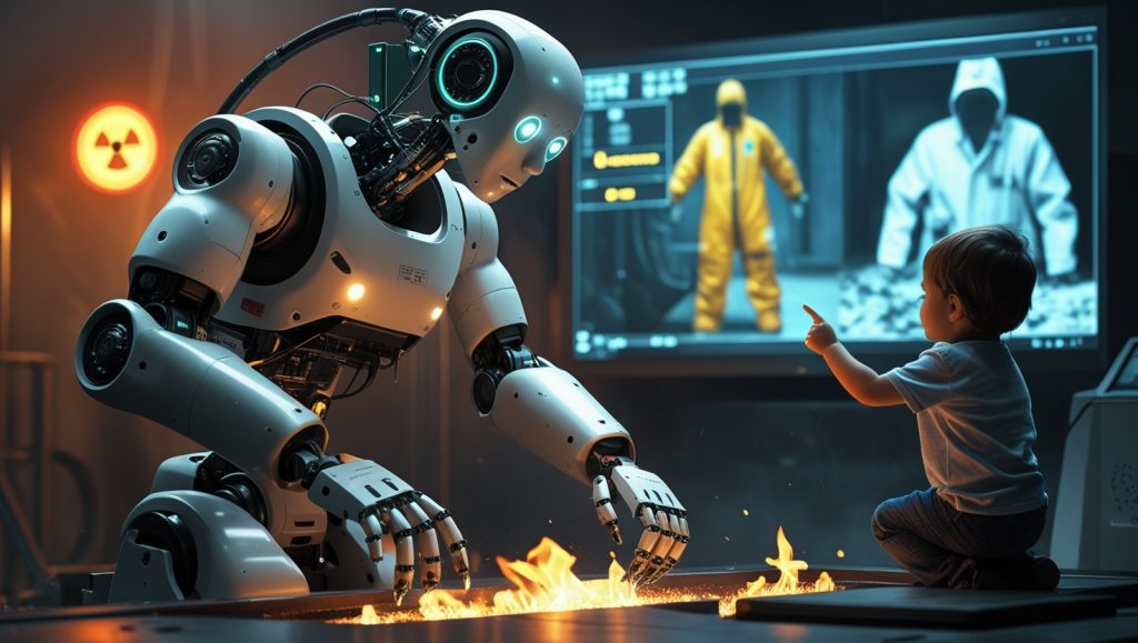 “Humanoid robot handling hazardous materials in an industrial disaster zone while a father and child watch safely from a control room, symbolizing how robotics in 2025 protect human lives and prevent sacrifice.”