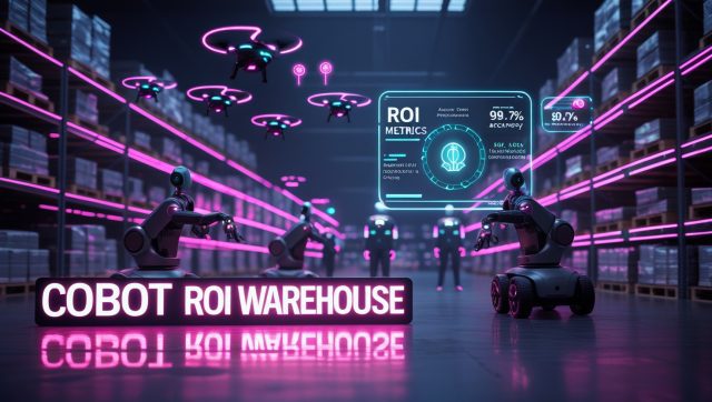 Cyberpunk warehouse scene with neon pink “Cobot ROI Warehouse” sign, collaborative robots automating pallet scans, flying inventory drones, and holographic ROI dashboards showcasing labor‑hour savings and inventory accuracy.